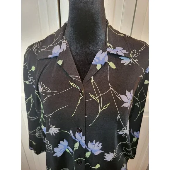 Studio Works Petite Vintage 90's Black Stretchy Floral Button Up PM Whimsygoth - Picture 8 of 9